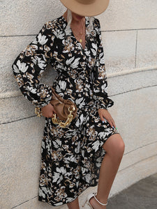 Women Autumn Fashion V Neck Puff Sleeve High Waist Split Swing Floral Printed Long Dress For Female