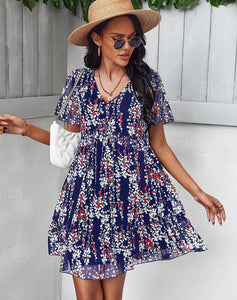 Sexy V Neck Floral Dress Women Short Sleeve High Waist Print Dresses Ladies Summer Chiffon Dress