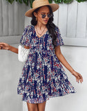 Sexy V Neck Floral Dress Women Short Sleeve High Waist Print Dresses Ladies Summer Chiffon Dress