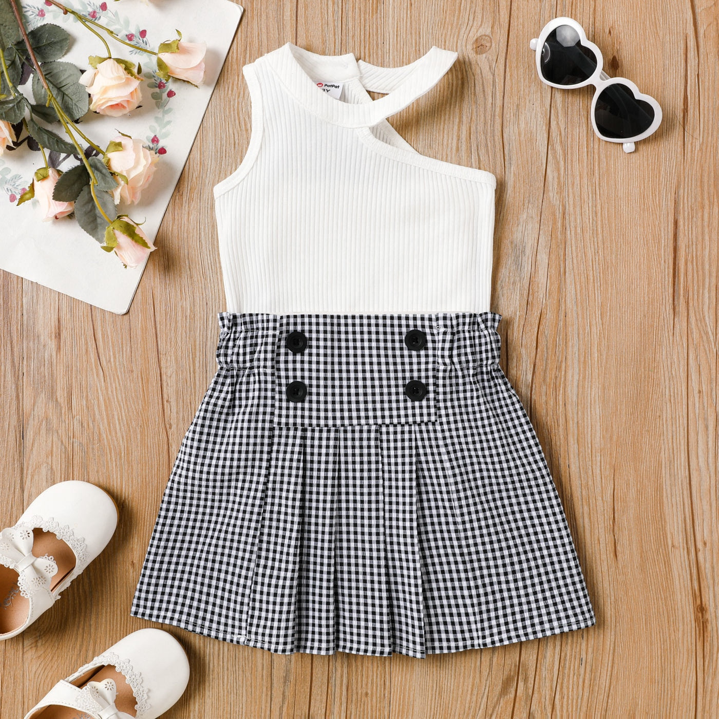 Toddler Girl 2 pcs cotton One-Shoulder Top and Button Plaid Skirt Set