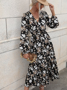 Women Autumn Fashion V Neck Puff Sleeve High Waist Split Swing Floral Printed Long Dress For Female