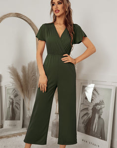 Women 2021 New Spring Summer Jumpsuit Short Sleeve V Neck Sexy One Piece Pants For Ladies Causal Fashion High Waist Jumpsuits