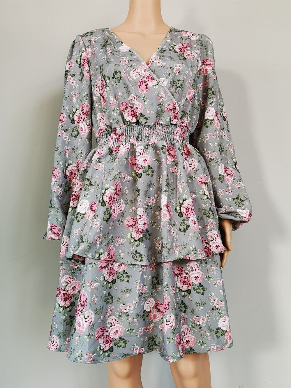 Women #39;s Spring Fall V Neck Long Sleeve Floral A Line Dress For Ladies Fashion Puff Sleeve Printed All Match Waist Dress