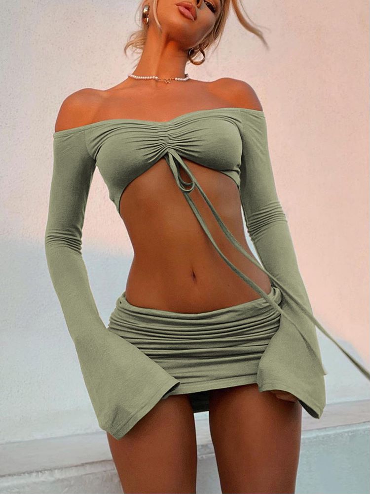 Women Green Drawstring Ruched 2 Piece Sets Sexy Tie Front Top and Skirt Fashion Outfits Matching Sets Clothes
