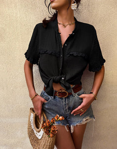 Summer Single Breasted Blouses Women Cotton 2022 New Short Sleeve Loose O Neck Fashion Sexy Shirt Top Casual