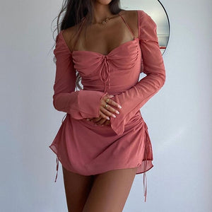 Woman Elegant Baby Pink Cutout Halter Mini Dress 2022 Club Party Sexy Drawstring Mesh Ruched Dresses Clothes