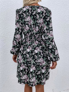 Women #39;s Spring Fall V Neck Long Sleeve Floral A Line Dress For Ladies Fashion Puff Sleeve Printed All Match Waist Dress