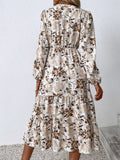 Women Autumn Fashion V Neck Puff Sleeve High Waist Split Swing Floral Printed Long Dress For Female