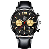 Fashion Mens Watches Luxury Black Stainless Steel Quartz Watch for Men Business Leather Sports Calendar Clock reloj hombre