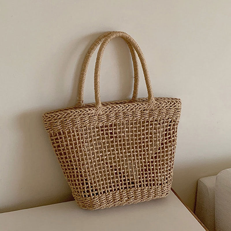 New 2023 Straw Bag Pure Hand-woven Briefcase Hollowed Out Tote Stylish Beach Bag