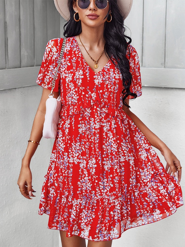 Sexy V Neck Floral Dress Women Short Sleeve High Waist Print Dresses Ladies Summer Chiffon Dress