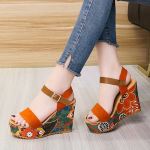 Summer Woman Pumps Ethnic 10cm Women Sandals Floral-cloth Wedges Shoes Ladies Party High Heels 2022 Thick Platform Female Heels