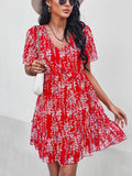 Sexy V Neck Floral Dress Women Short Sleeve High Waist Print Dresses Ladies Summer Chiffon Dress