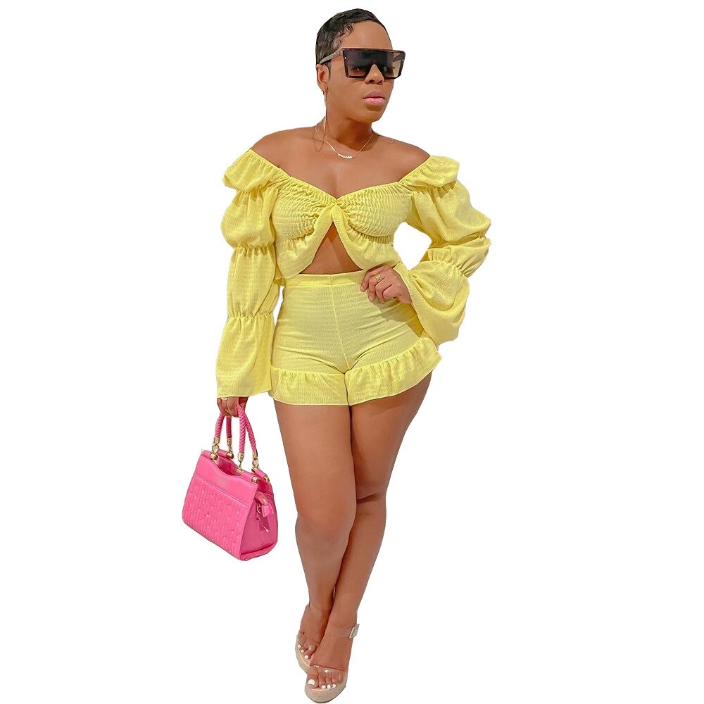 Women Sexy Long Puff Sleeve Shorts Sets ,Stretchy Chest Crop Top and Mini Shorts Summer 2 Piece Casual Outfit Ruffled Clothes