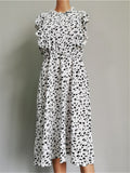 WomanElegant Dot Print Chic Dress Women Butterfly Sleeve Ruffles Medium Long Chiffon Dress