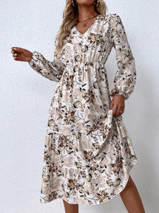 Women Autumn Fashion V Neck Puff Sleeve High Waist Split Swing Floral Printed Long Dress For Female