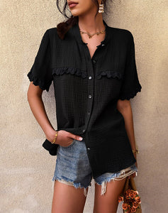 Summer Single Breasted Blouses Women Cotton 2022 New Short Sleeve Loose O Neck Fashion Sexy Shirt Top Casual