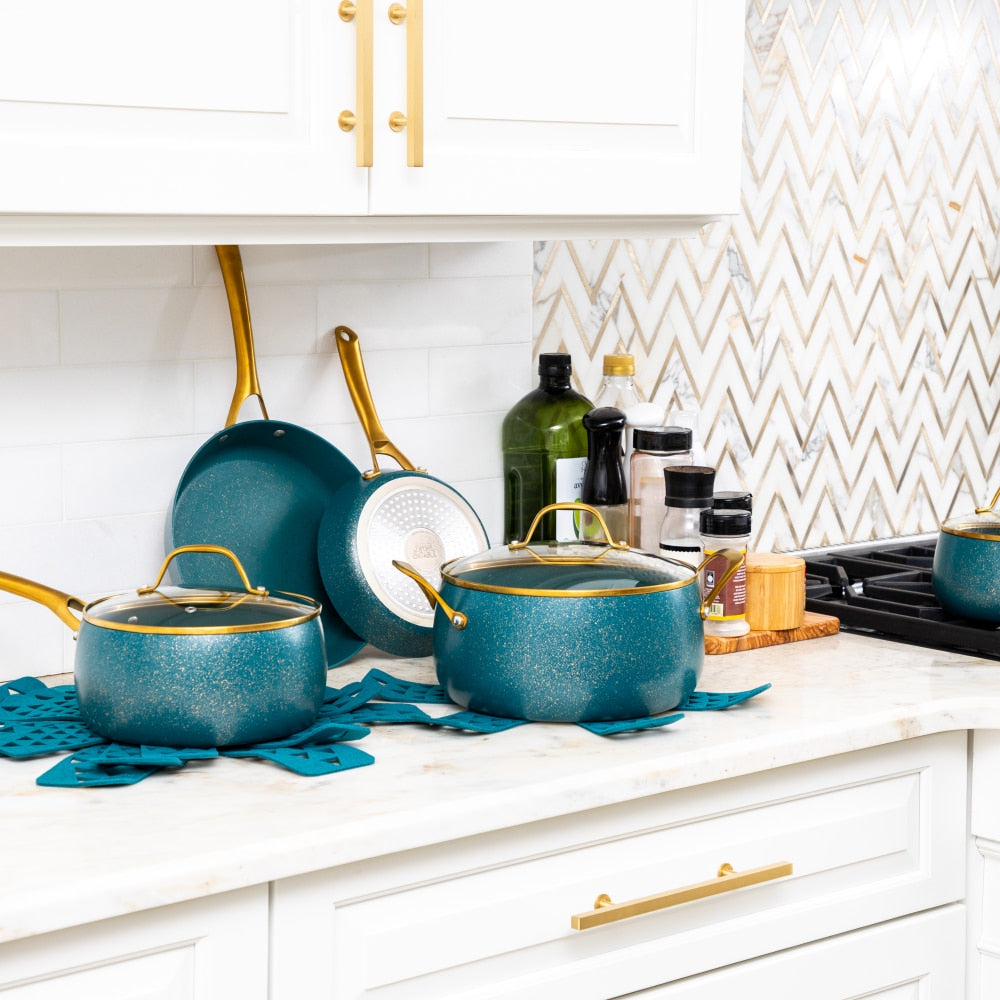 Navy and Gold Nonstick Pots and Pans Set