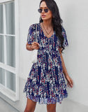 Sexy V Neck Floral Dress Women Short Sleeve High Waist Print Dresses Ladies Summer Chiffon Dress