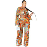 Women Fashion Print Sheer Mesh 3 Piece Sets , Long Sleeve Shirt + Bra Top + Wide Leg Pants Casual Suit