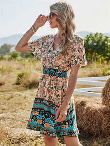 Spring Bohemia Floral Dress Women V Neck High Waist Short Sleeve Print Fashion Summer Dress