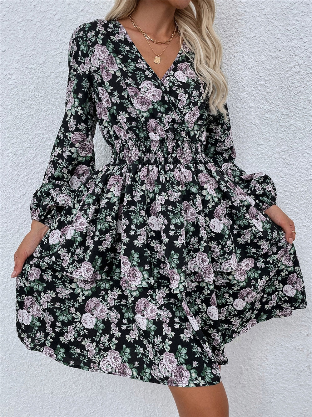 Women #39;s Spring Fall V Neck Long Sleeve Floral A Line Dress For Ladies Fashion Puff Sleeve Printed All Match Waist Dress