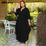 Woman Plus Size Women High Waist V-neck Big Swing Ruched Side Maxi Long Dress 2022 New Elegant Fashion Solid Dresses