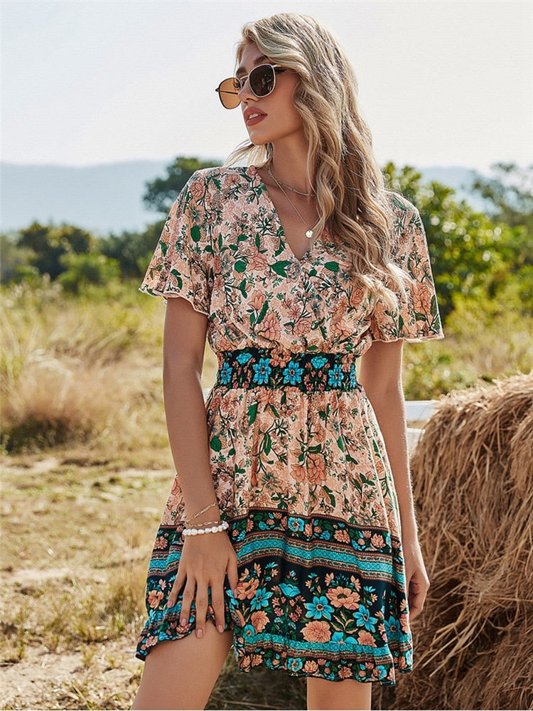 Spring Bohemia Floral Dress Women V Neck High Waist Short Sleeve Print Fashion Summer Dress