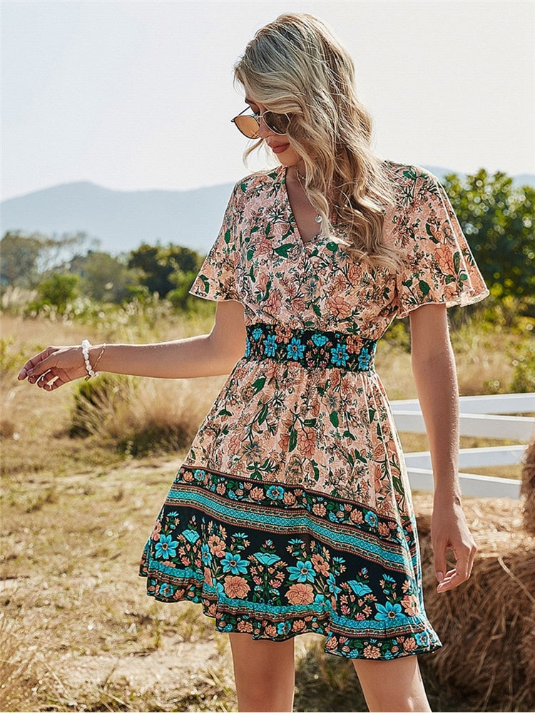 Spring Bohemia Floral Dress Women V Neck High Waist Short Sleeve Print Fashion Summer Dress