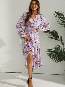 Women Autumn Fashion V Neck Puff Sleeve High Waist Split Swing Floral Printed Long Dress For Female