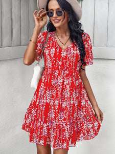 Sexy V Neck Floral Dress Women Short Sleeve High Waist Print Dresses Ladies Summer Chiffon Dress