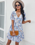 Sexy V Neck Floral Dress Women Short Sleeve High Waist Print Dresses Ladies Summer Chiffon Dress