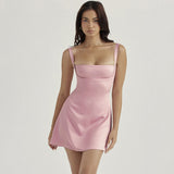 Women Satin Vestidos Elegant Sexy Backless Pink Mini Dress Party Club Outfits , Dresses Hot Clothes