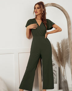 Women 2021 New Spring Summer Jumpsuit Short Sleeve V Neck Sexy One Piece Pants For Ladies Causal Fashion High Waist Jumpsuits