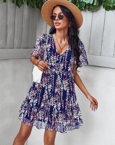 Sexy V Neck Floral Dress Women Short Sleeve High Waist Print Dresses Ladies Summer Chiffon Dress