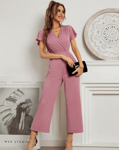 Women 2021 New Spring Summer Jumpsuit Short Sleeve V Neck Sexy One Piece Pants For Ladies Causal Fashion High Waist Jumpsuits