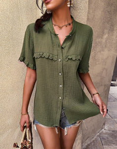 Summer Single Breasted Blouses Women Cotton 2022 New Short Sleeve Loose O Neck Fashion Sexy Shirt Top Casual