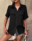 Summer Single Breasted Blouses Women Cotton 2022 New Short Sleeve Loose O Neck Fashion Sexy Shirt Top Casual