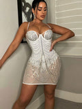 Women Sexy Chic Rhinestone Crystal Mesh Tassel Details Mini Dress,Birthday Clubwear Bodycon