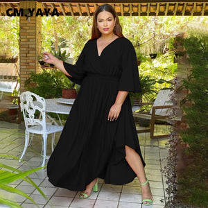 Woman Plus Size Women High Waist V-neck Big Swing Ruched Side Maxi Long Dress 2022 New Elegant Fashion Solid Dresses