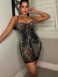 Women Sexy Chic Rhinestone Crystal Mesh Tassel Details Mini Dress,Birthday Clubwear Bodycon