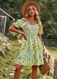 Women French Romantic Floral Dress Spring Summer Square Neck Short Sleeve High Waist Cake Dress 2023 New