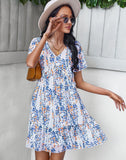 Sexy V Neck Floral Dress Women Short Sleeve High Waist Print Dresses Ladies Summer Chiffon Dress