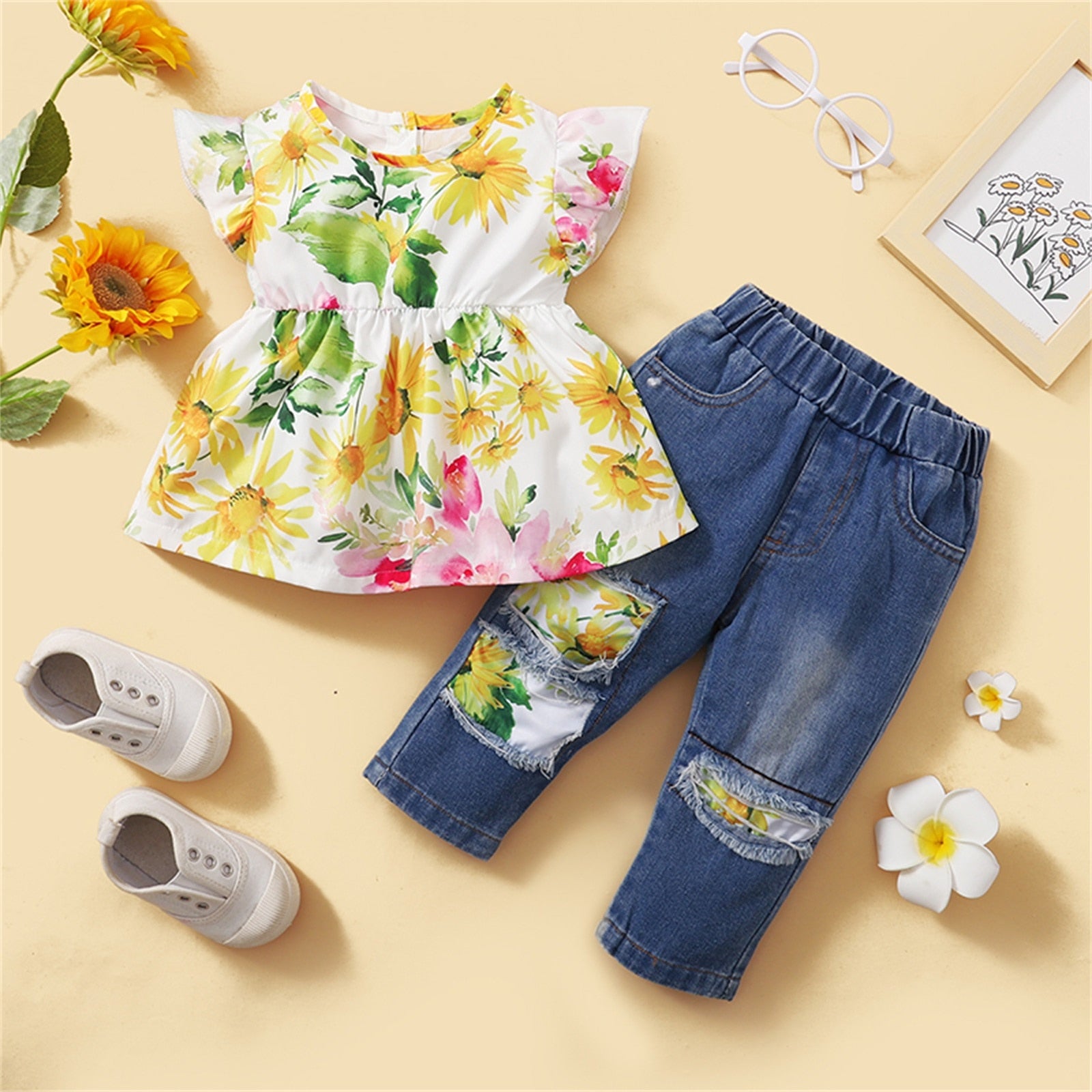 0-6Years Toddler Kid Baby Girl Outfits Fly Sleeve Flower Printed Dress Tops Elastic Waist Denim Pants