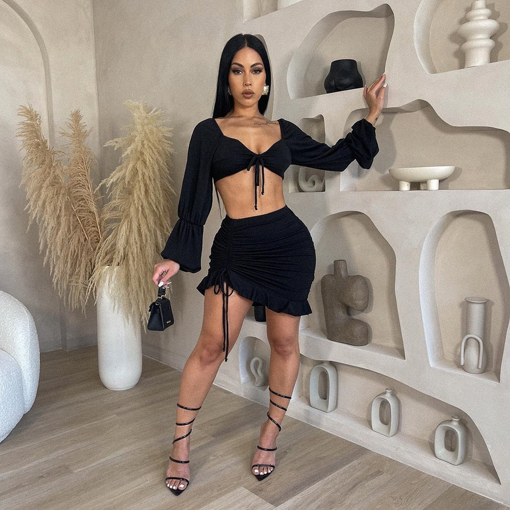 Women Sexy Bra Tight Ruched Skirt Sets, Summer Spring Long Lantern Sleeve Crop Top Drawstring Ruffled Short Skirts 2 Piece Club Outfits