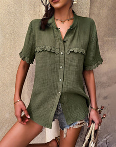 Summer Single Breasted Blouses Women Cotton 2022 New Short Sleeve Loose O Neck Fashion Sexy Shirt Top Casual