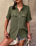 Summer Single Breasted Blouses Women Cotton 2022 New Short Sleeve Loose O Neck Fashion Sexy Shirt Top Casual