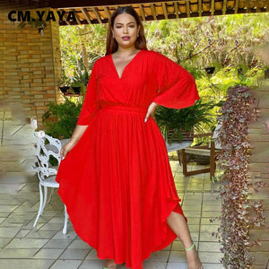 Woman Plus Size Women High Waist V-neck Big Swing Ruched Side Maxi Long Dress 2022 New Elegant Fashion Solid Dresses