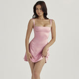 Women Satin Vestidos Elegant Sexy Backless Pink Mini Dress Party Club Outfits , Dresses Hot Clothes