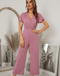 Women 2021 New Spring Summer Jumpsuit Short Sleeve V Neck Sexy One Piece Pants For Ladies Causal Fashion High Waist Jumpsuits